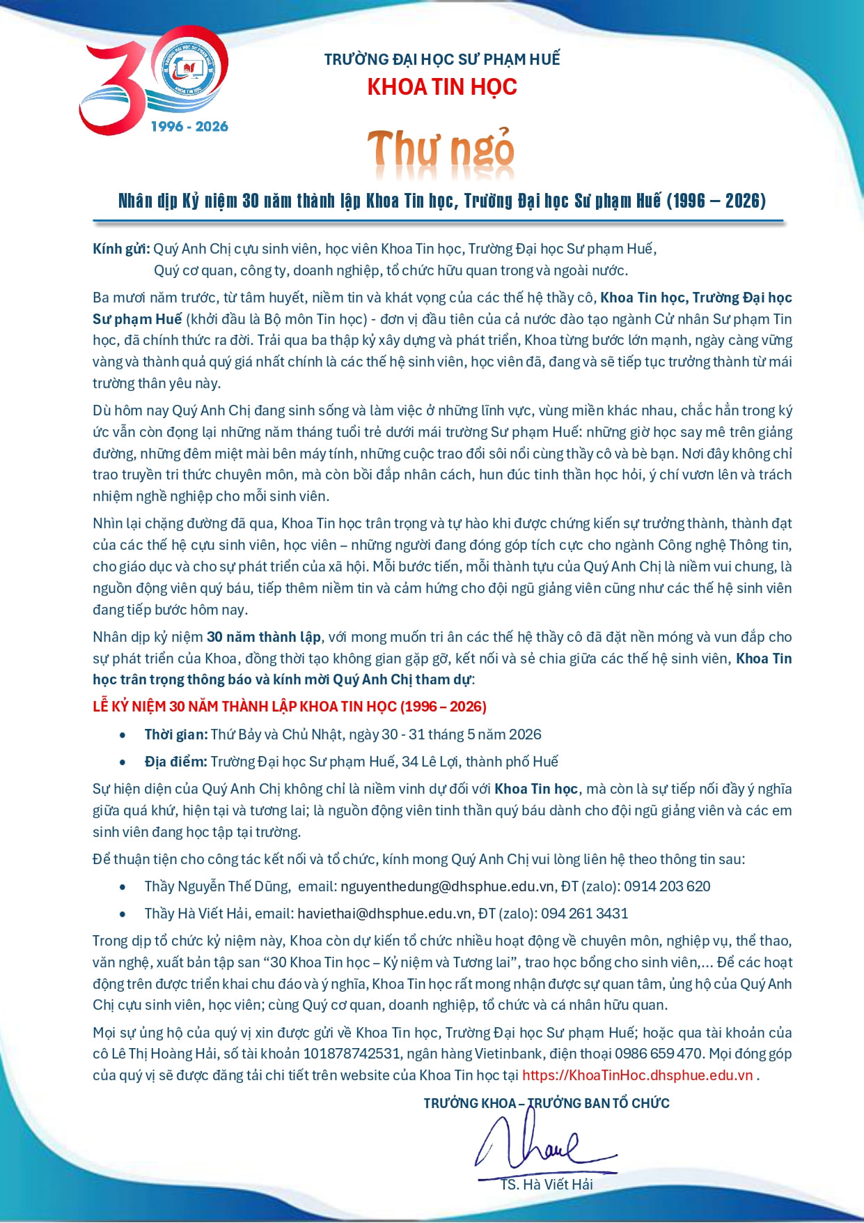 Thư ngỏ – Nhân dịp kỷ niệm 30 năm thành lập Khoa Tin học, Trường Đại học Sư phạm Huế (1996 – 2026)